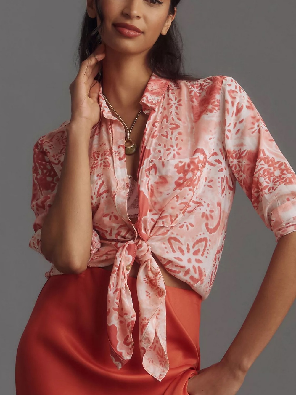 Pilcro Coral modal Tie-Front Button Down Shirt